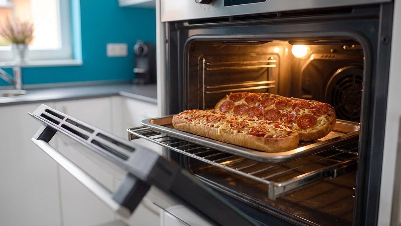French bread pizza baking with bubbling melted cheese and browned spots on top, viewed through an open oven door