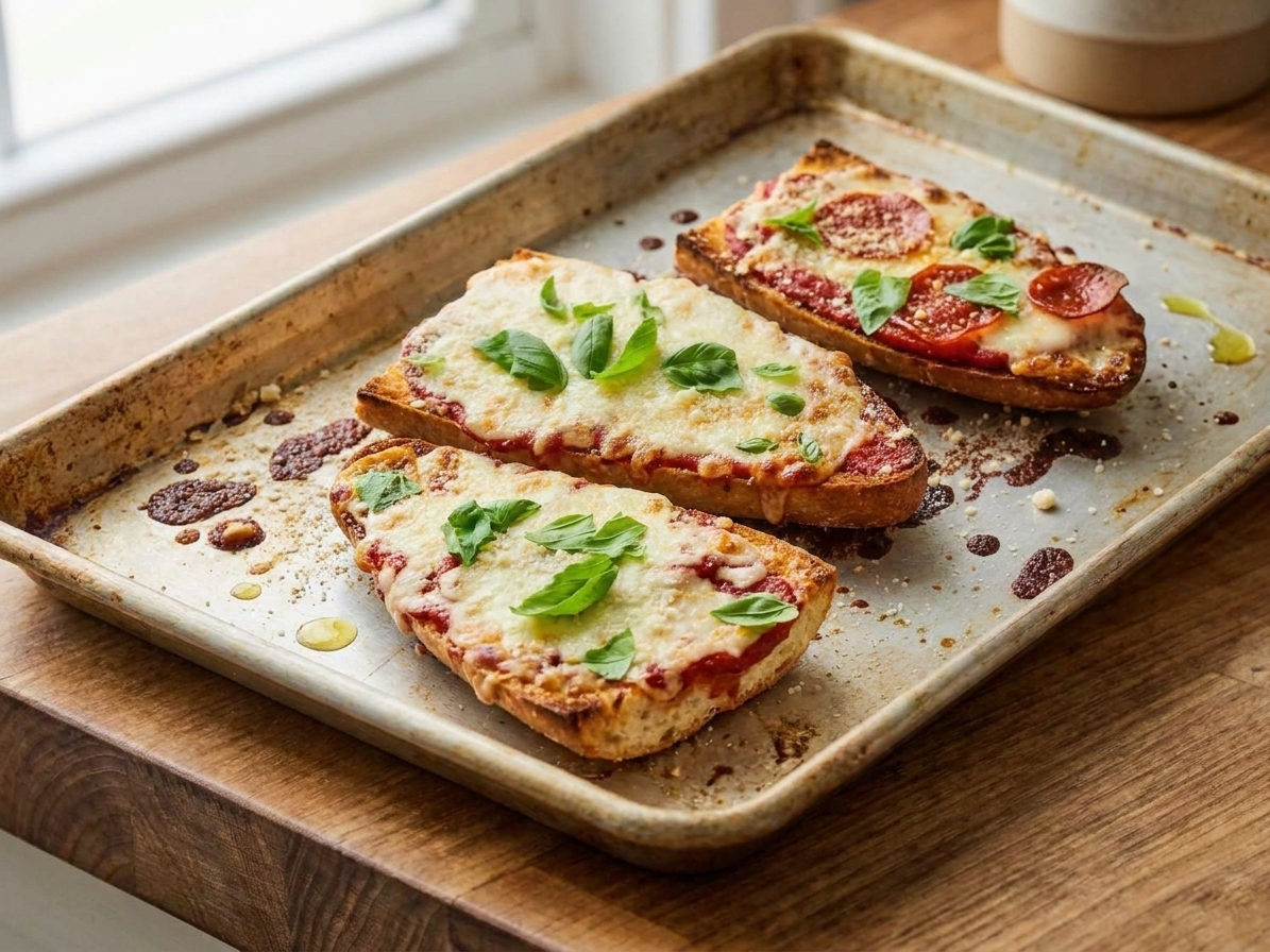French bread pizza on a baking sheet just out of the oven with bubbling cheese and browned edges