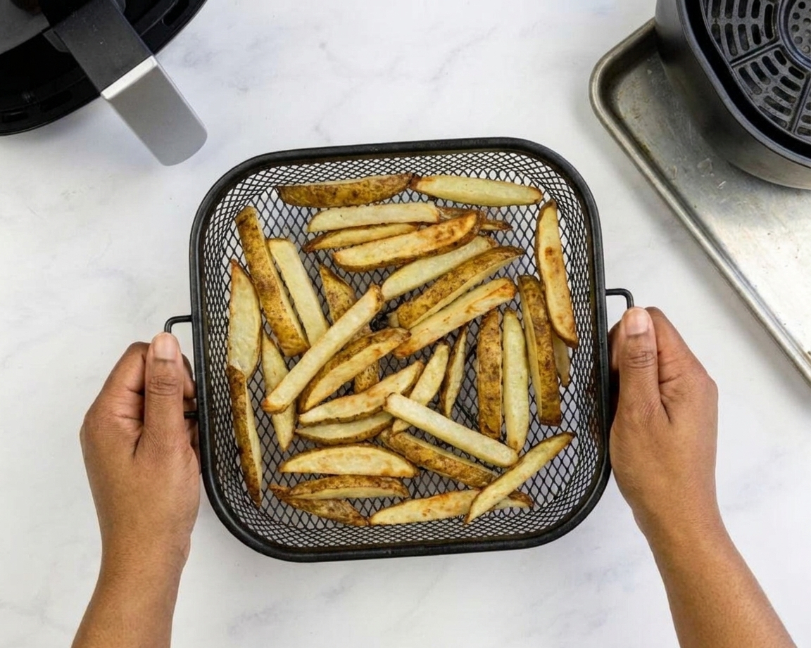 French fries cooking in an air fryer basket mid-cook with visible golden edges