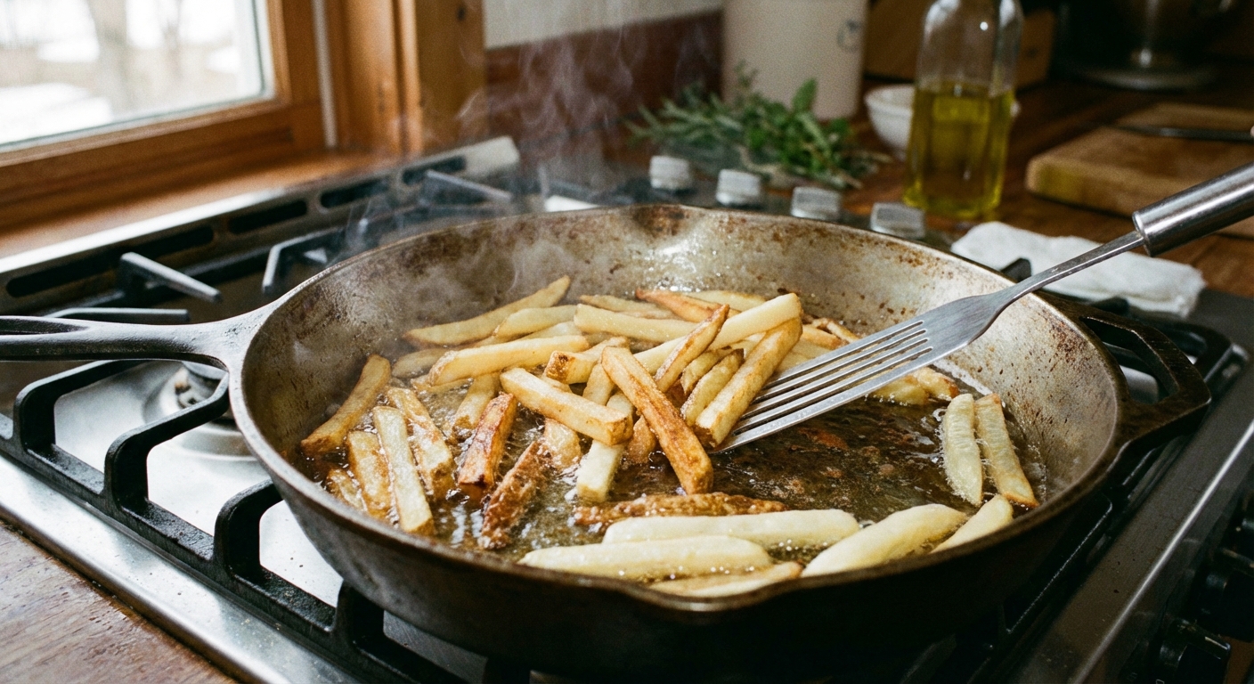 French fries crisping in a cast iron skillet on a stovetop