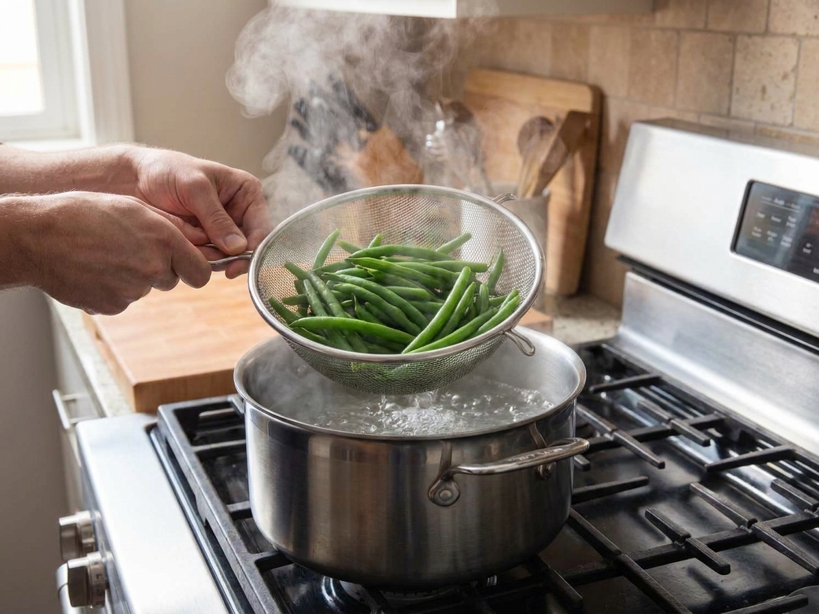 French green beans being lowered into a pot of boiling water on a stovetop, with steam rising