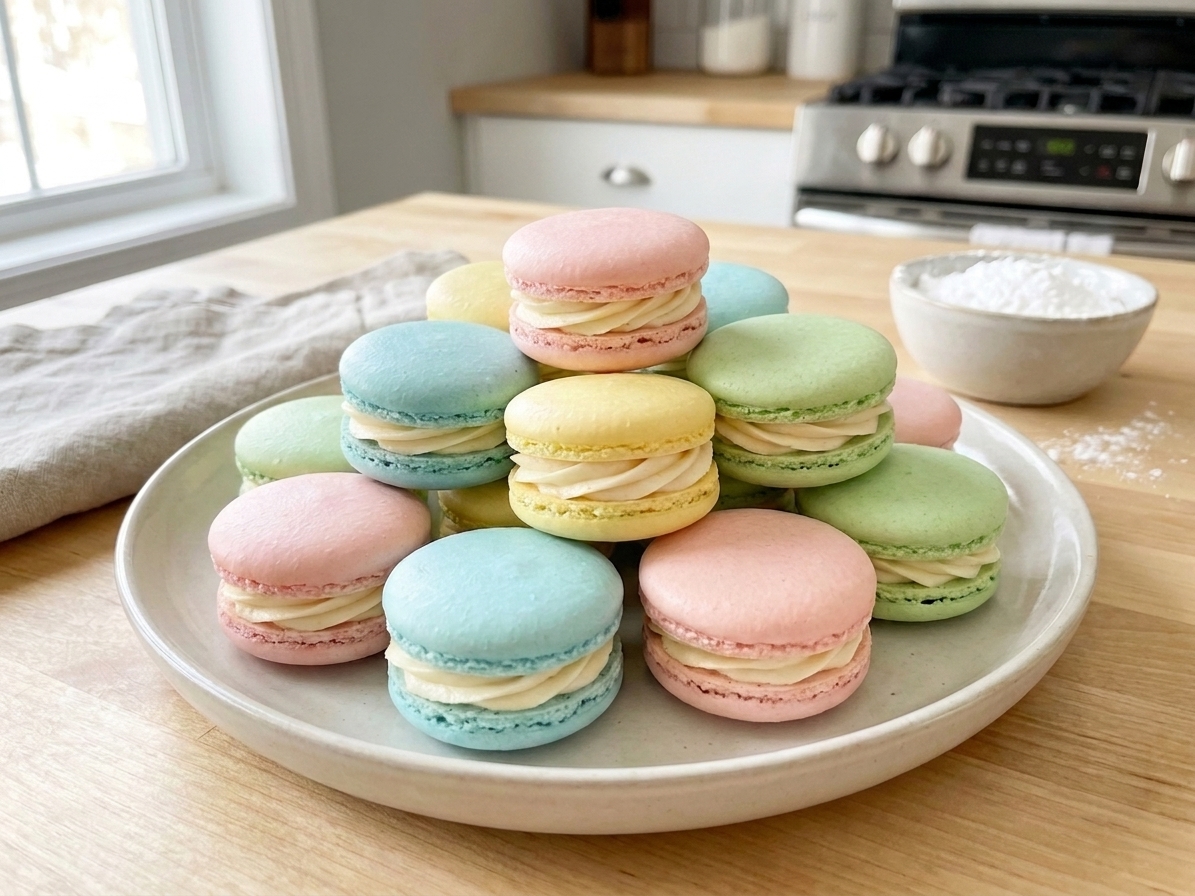 French macarons filled with vanilla buttercream stacked on a light ceramic plate on a bright kitchen table