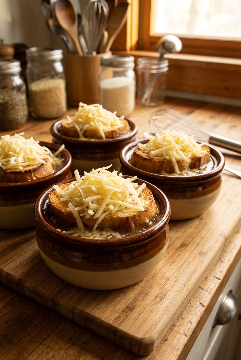 French onion soup bowls topped with toasted bread and shredded Gruyere ready to broil