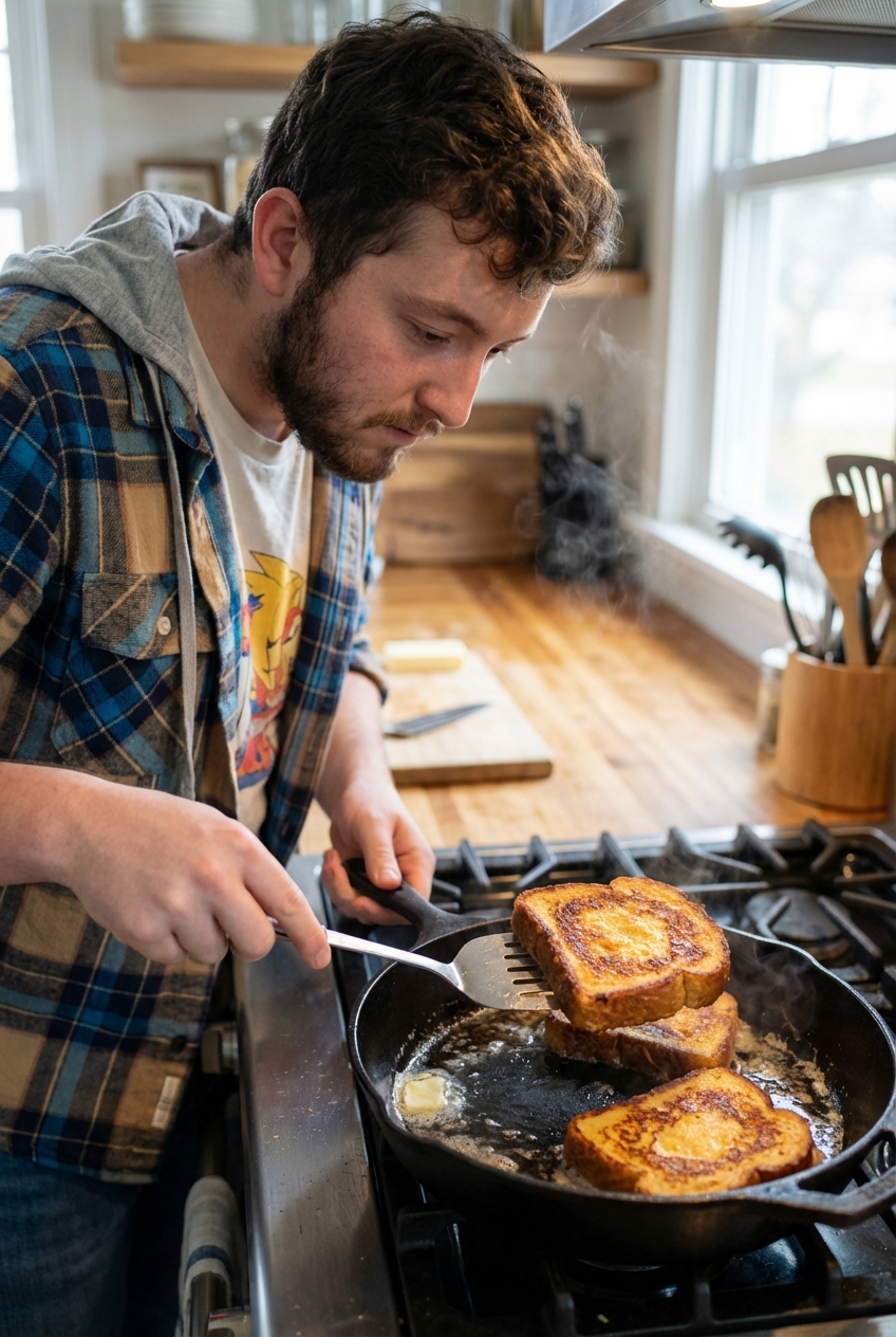 French toast cooking in a buttered skillet with golden brown edges, a spatula lifting one slice