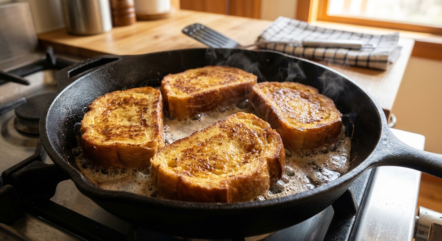 French toast slices turning golden brown in a skillet with bubbling butter