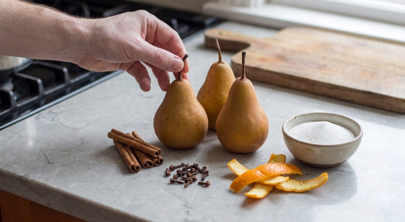 Fresh Bosc pears, cinnamon sticks, whole cloves, strips of orange peel, and a bowl of sugar arranged on a light stone kitchen counter in soft natural light