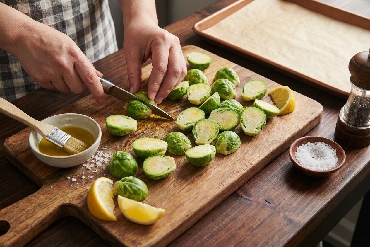 Fresh Brussels sprouts being trimmed and halved on a wooden cutting board with olive oil and seasonings nearby