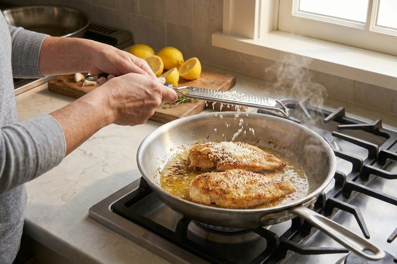Fresh Parmesan being grated over cooked chicken in a pan while the sauce steams gently