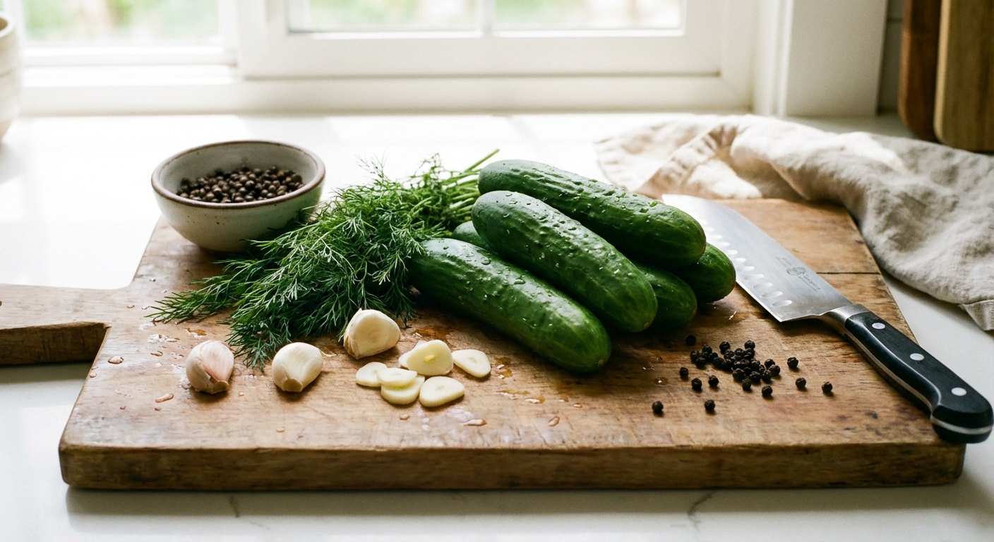 Fresh Persian cucumbers, dill, garlic, and peppercorns arranged on a cutting board