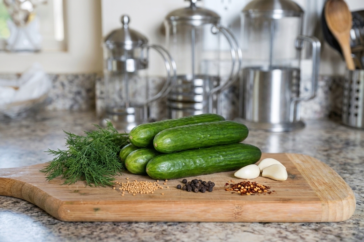 Fresh Persian cucumbers, dill sprigs, garlic, and spices arranged on a wooden cutting board on a home kitchen counter