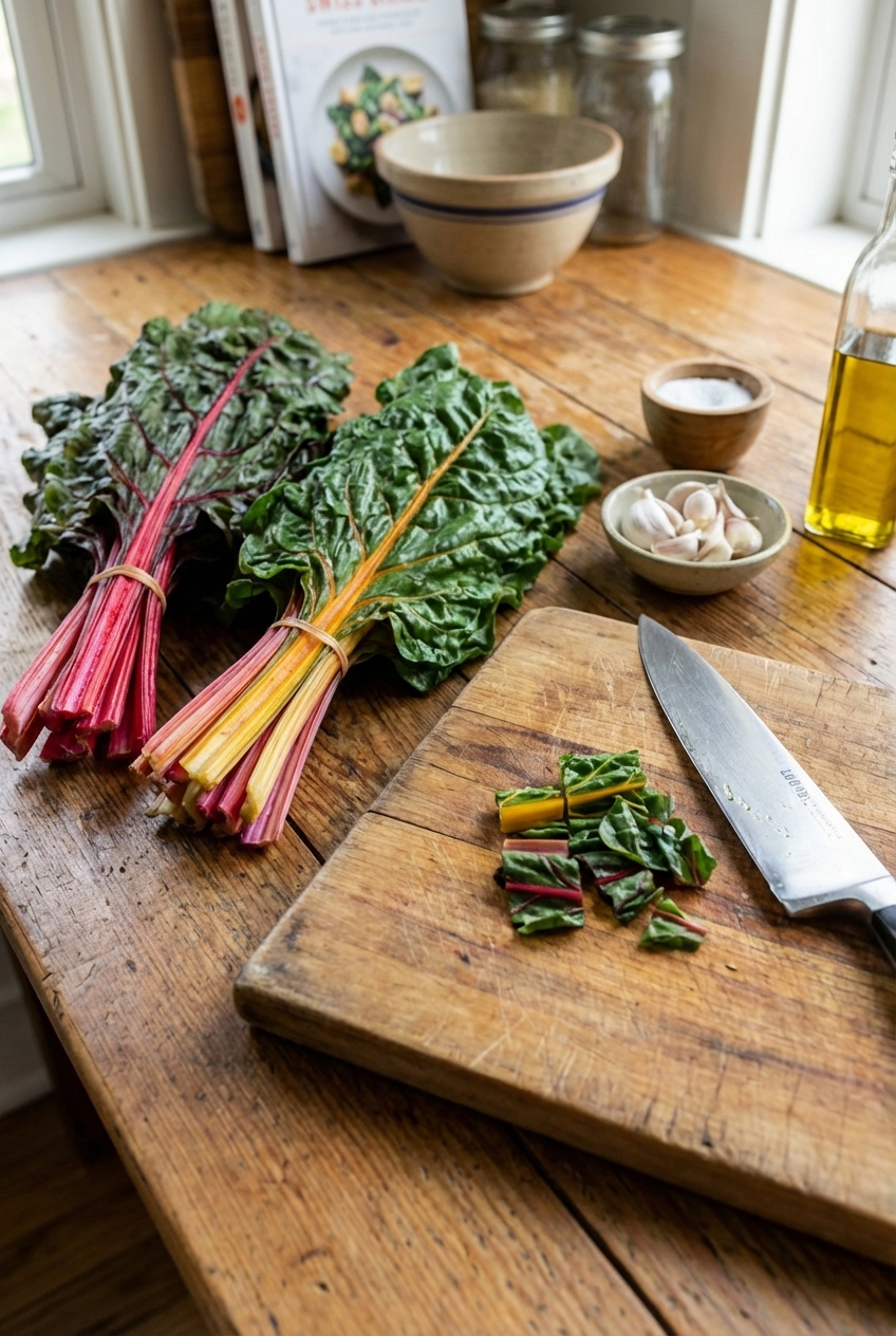 Fresh Swiss chard bunches on a kitchen counter next to a knife and cutting board
