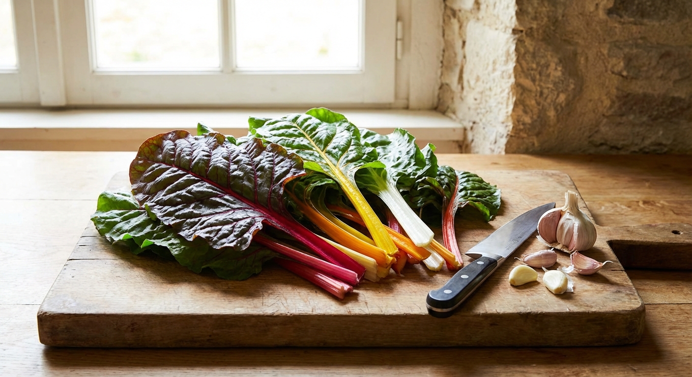 Fresh Swiss chard leaves with colorful stems on a cutting board next to a knife and garlic cloves