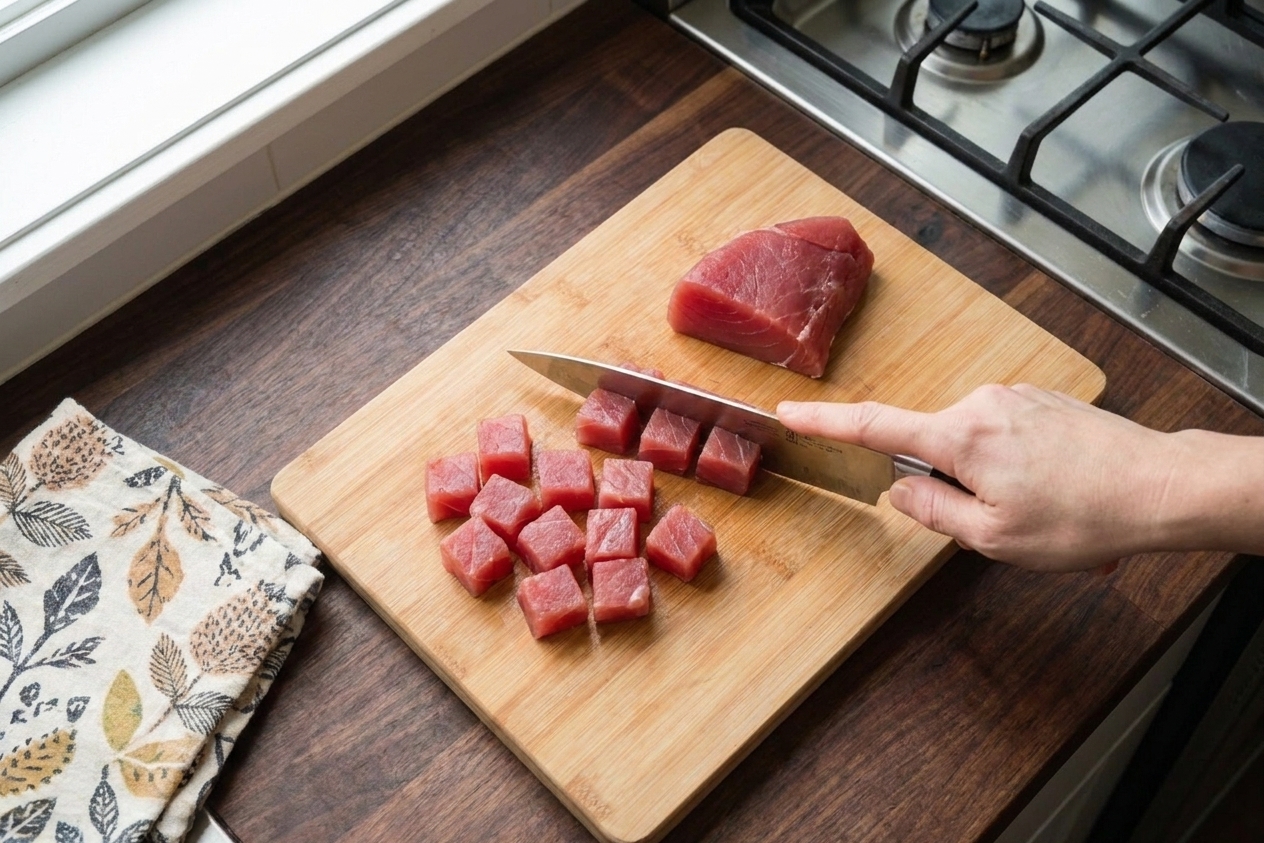 Fresh ahi tuna cut into neat half-inch cubes on a clean cutting board beside a sharp chef’s knife in a bright home kitchen