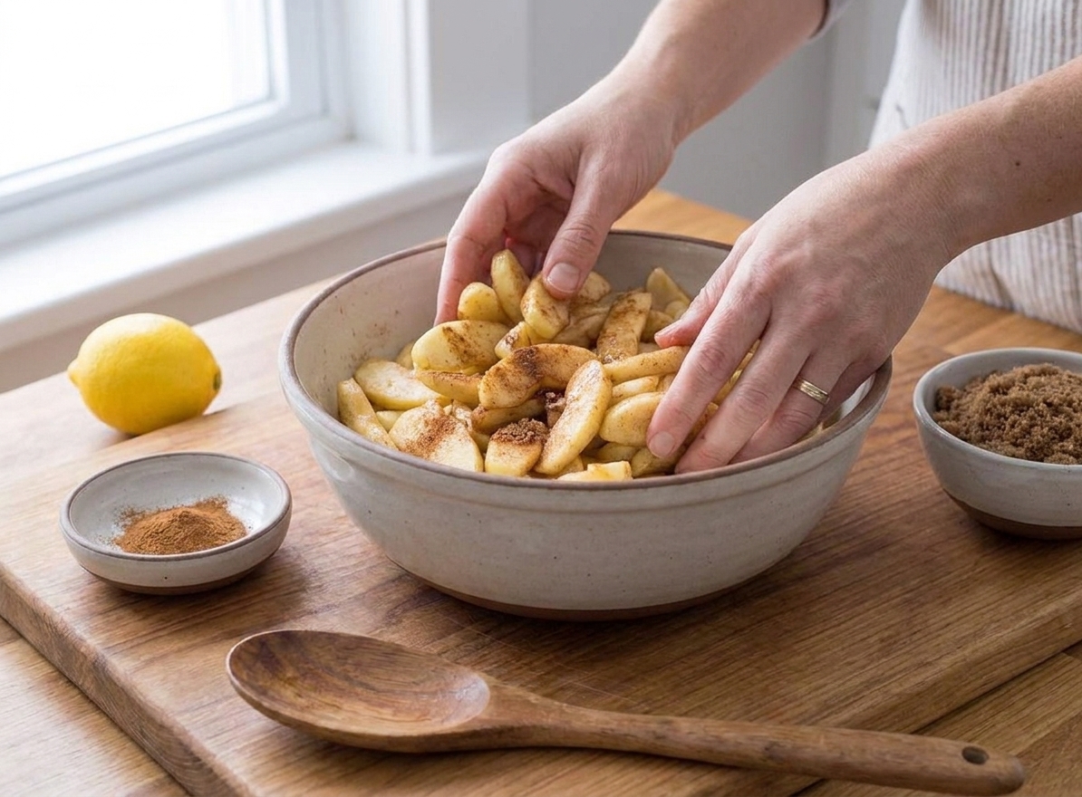 Fresh apple slices in a large mixing bowl with cinnamon, sugar, and lemon juice, on a wooden cutting board in a bright home kitchen