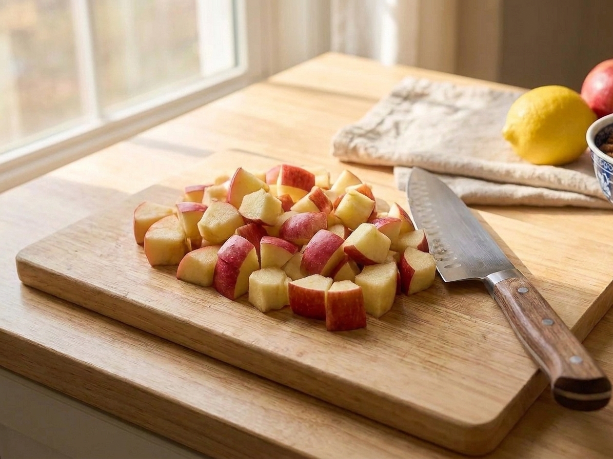 Fresh apples cut into bite-size chunks on a wooden cutting board with a chef’s knife, on a bright kitchen counter