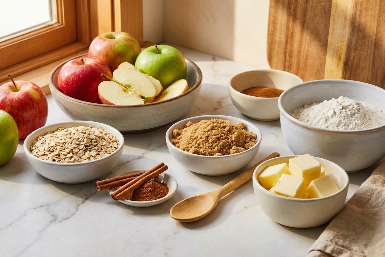 Fresh apples, rolled oats, brown sugar, flour, cinnamon, and cubed butter arranged on a clean kitchen counter in warm natural light
