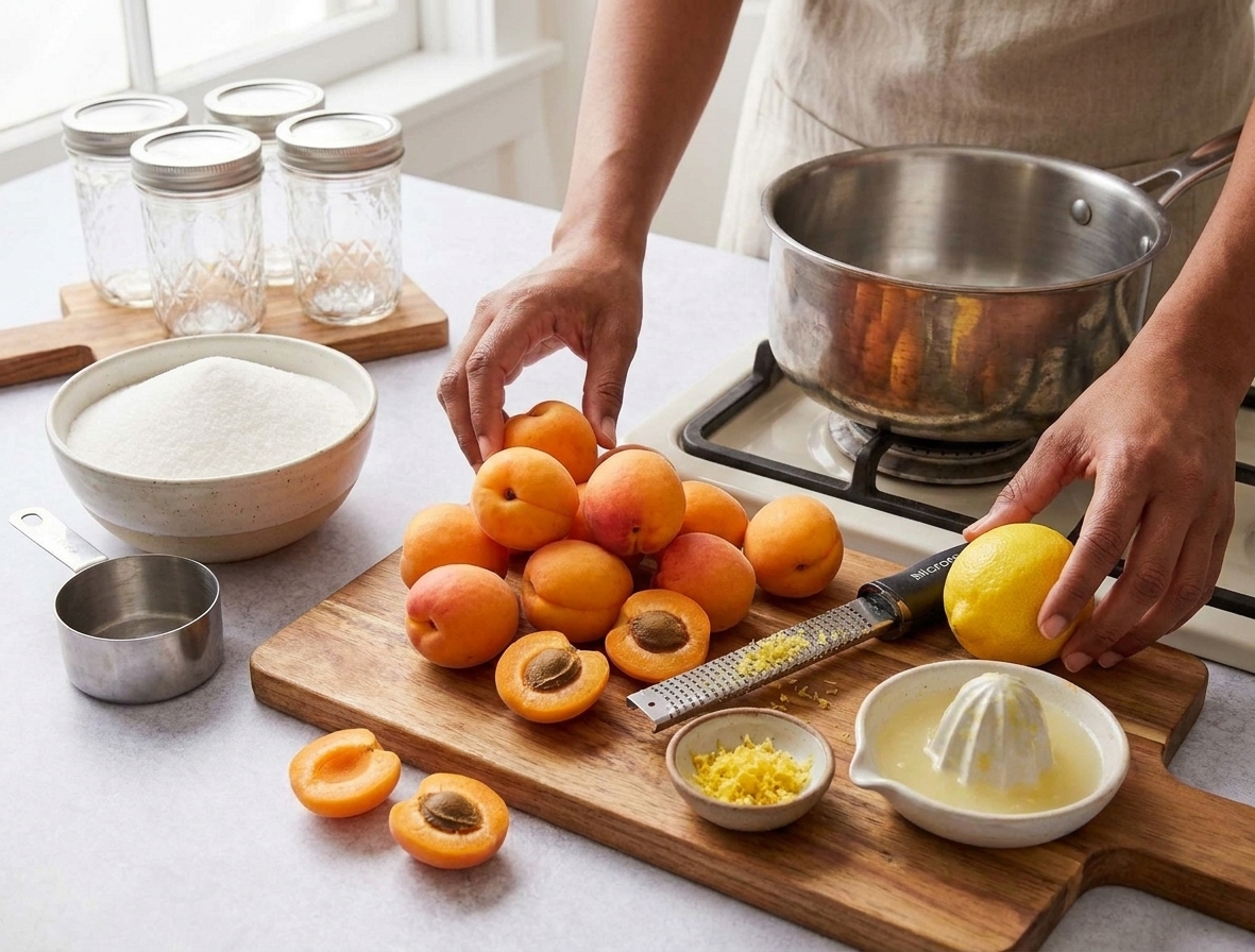 Fresh apricots, a lemon, and a bowl of sugar arranged on a clean kitchen counter ready for jam making