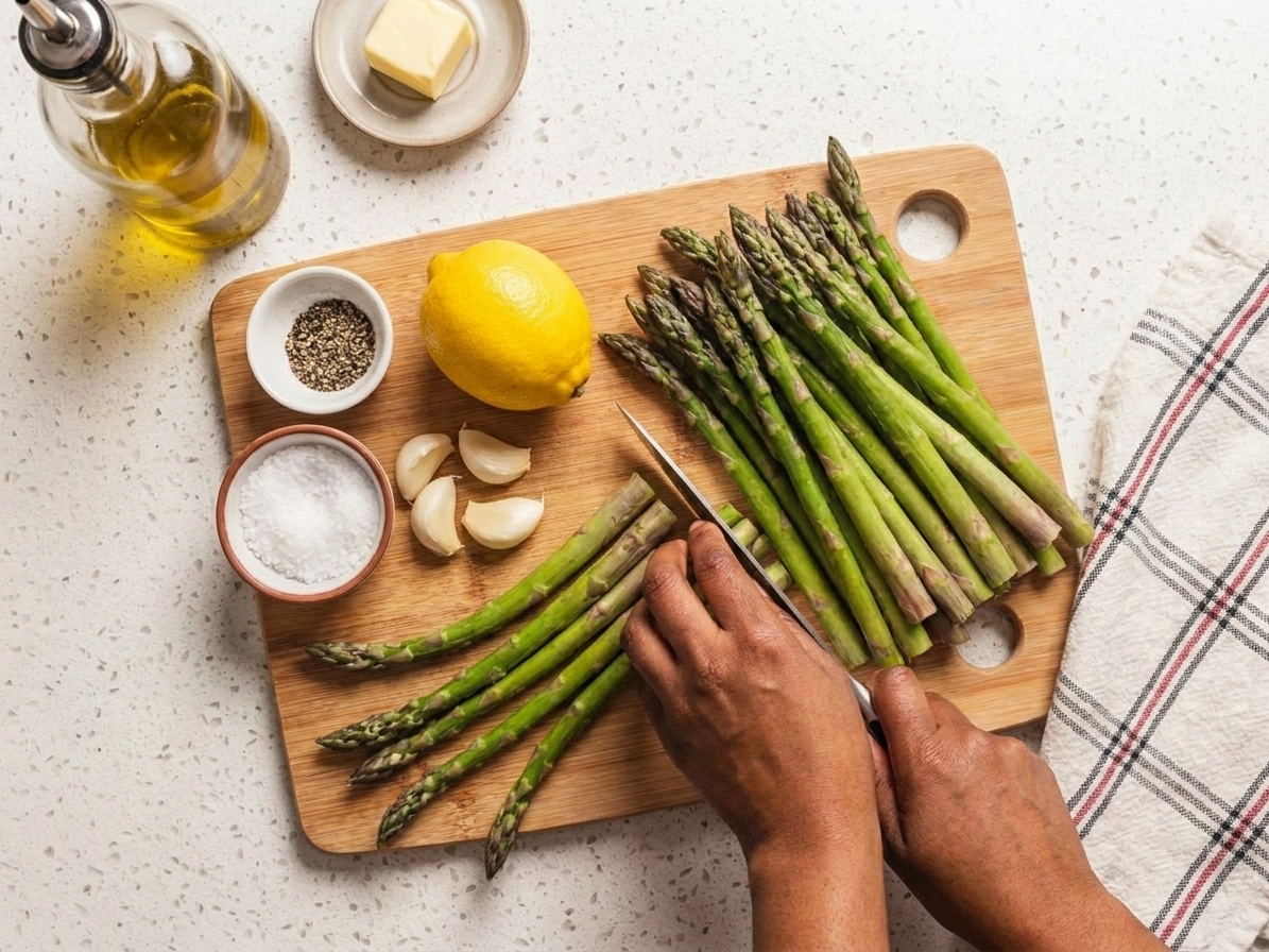 Fresh asparagus, a lemon, garlic cloves, kosher salt, black pepper, olive oil, and butter arranged on a light kitchen counter
