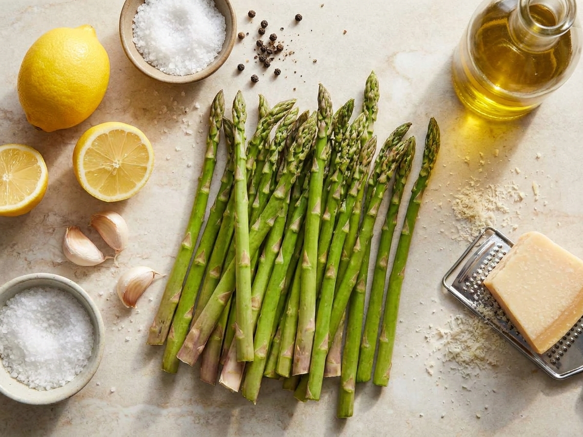 Fresh asparagus, a lemon, garlic cloves, olive oil, salt, pepper, and Parmesan on a light stone countertop in a home kitchen
