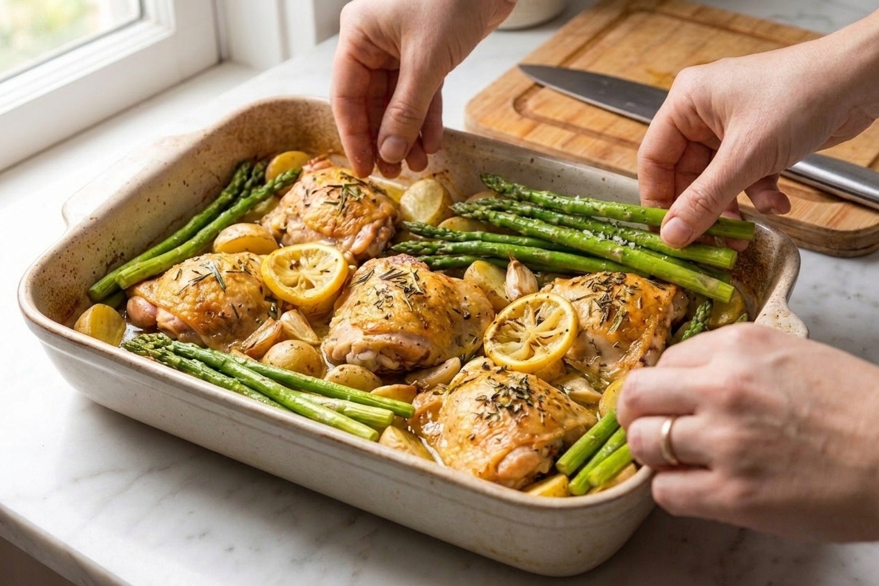 Fresh asparagus laid into a 9x13 pan around roasted chicken and potatoes before going back into the oven