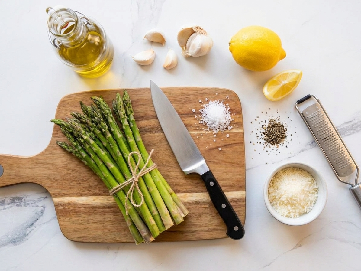 Fresh asparagus, olive oil, garlic cloves, a lemon, kosher salt, black pepper, and a small bowl of grated Parmesan arranged on a clean kitchen counter