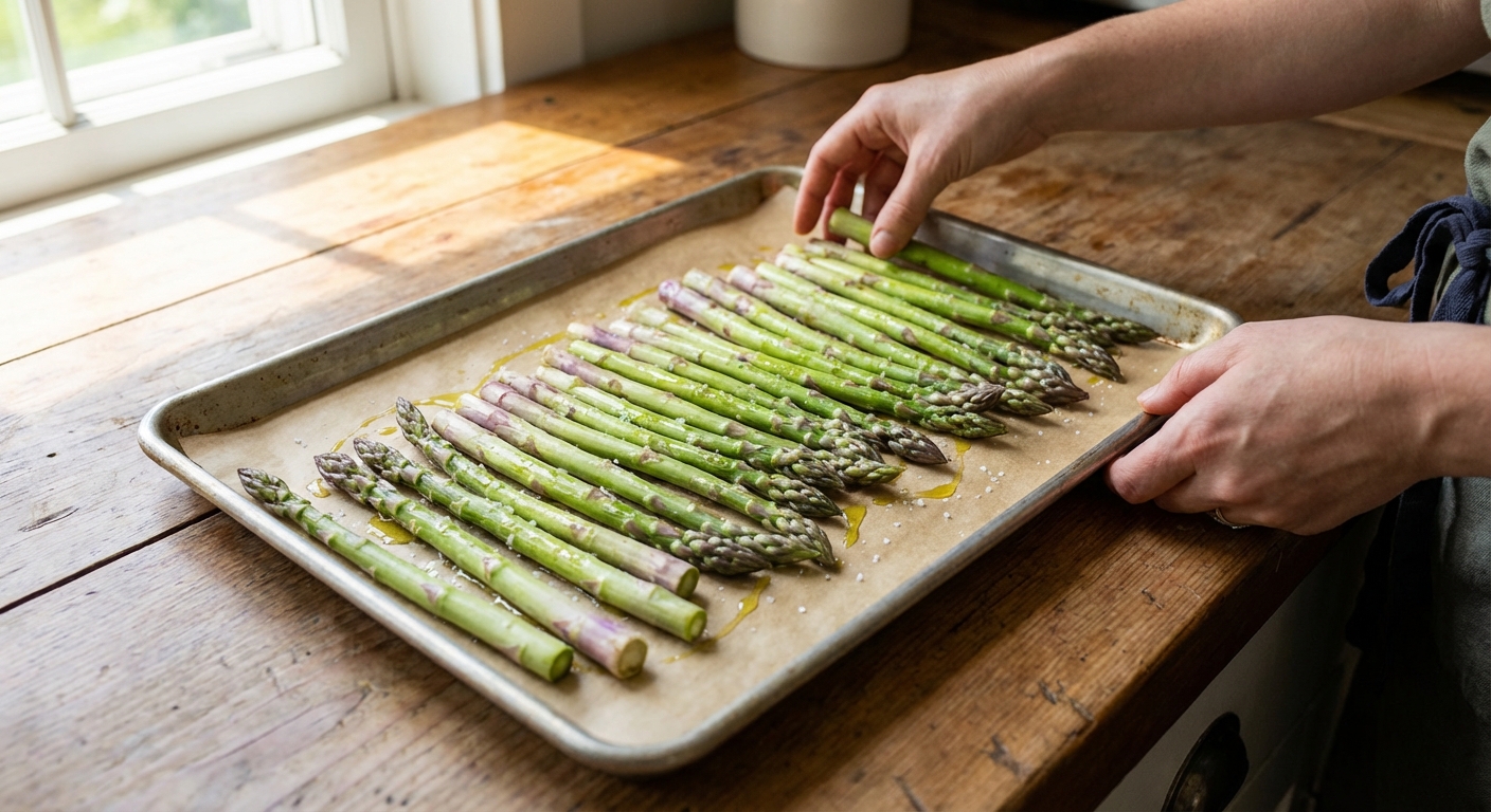 Fresh asparagus spears being arranged in a single layer on a parchment-lined sheet pan