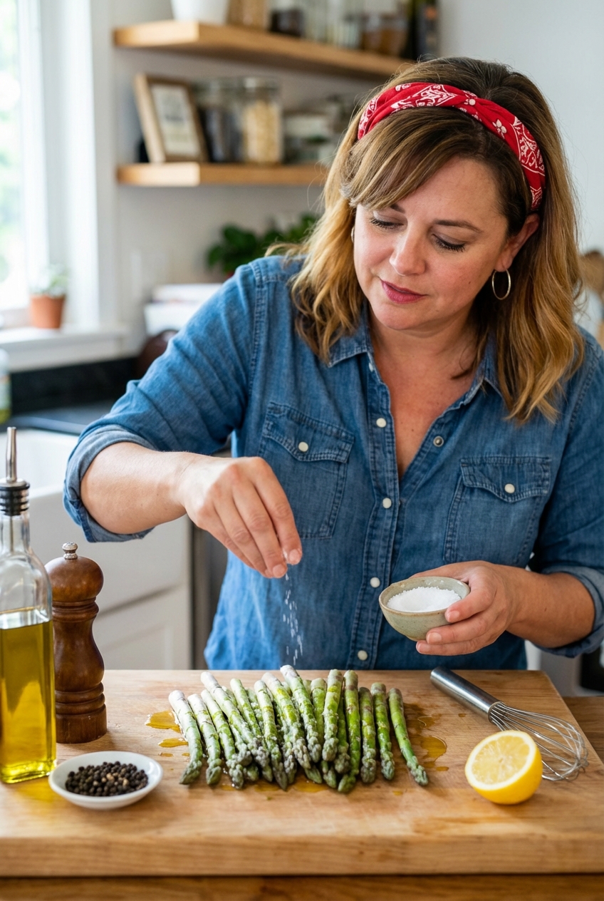 Fresh asparagus spears on a cutting board with olive oil, kosher salt, black pepper, and a lemon nearby