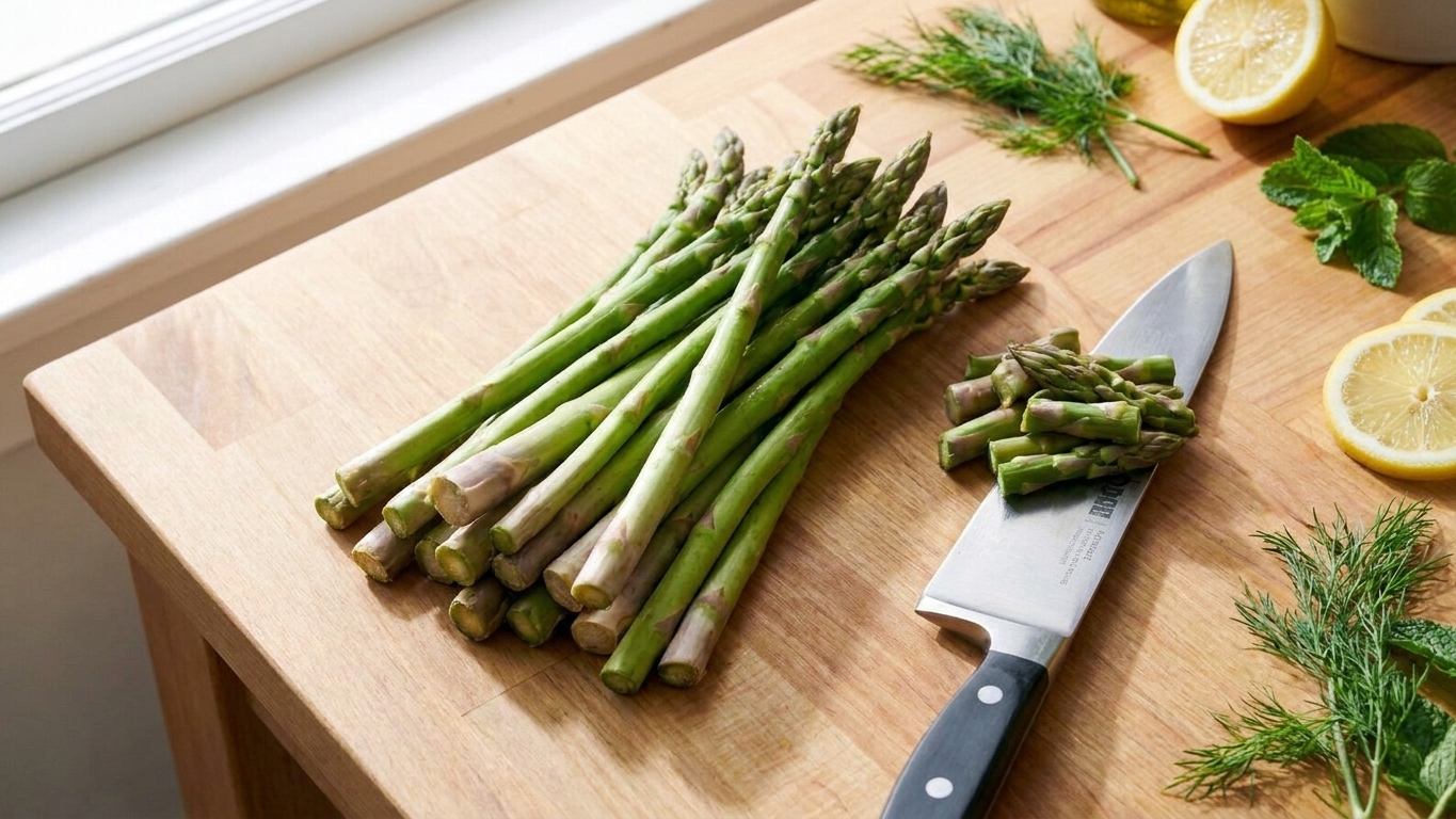 Fresh asparagus spears on a cutting board with the woody ends trimmed off and a knife nearby