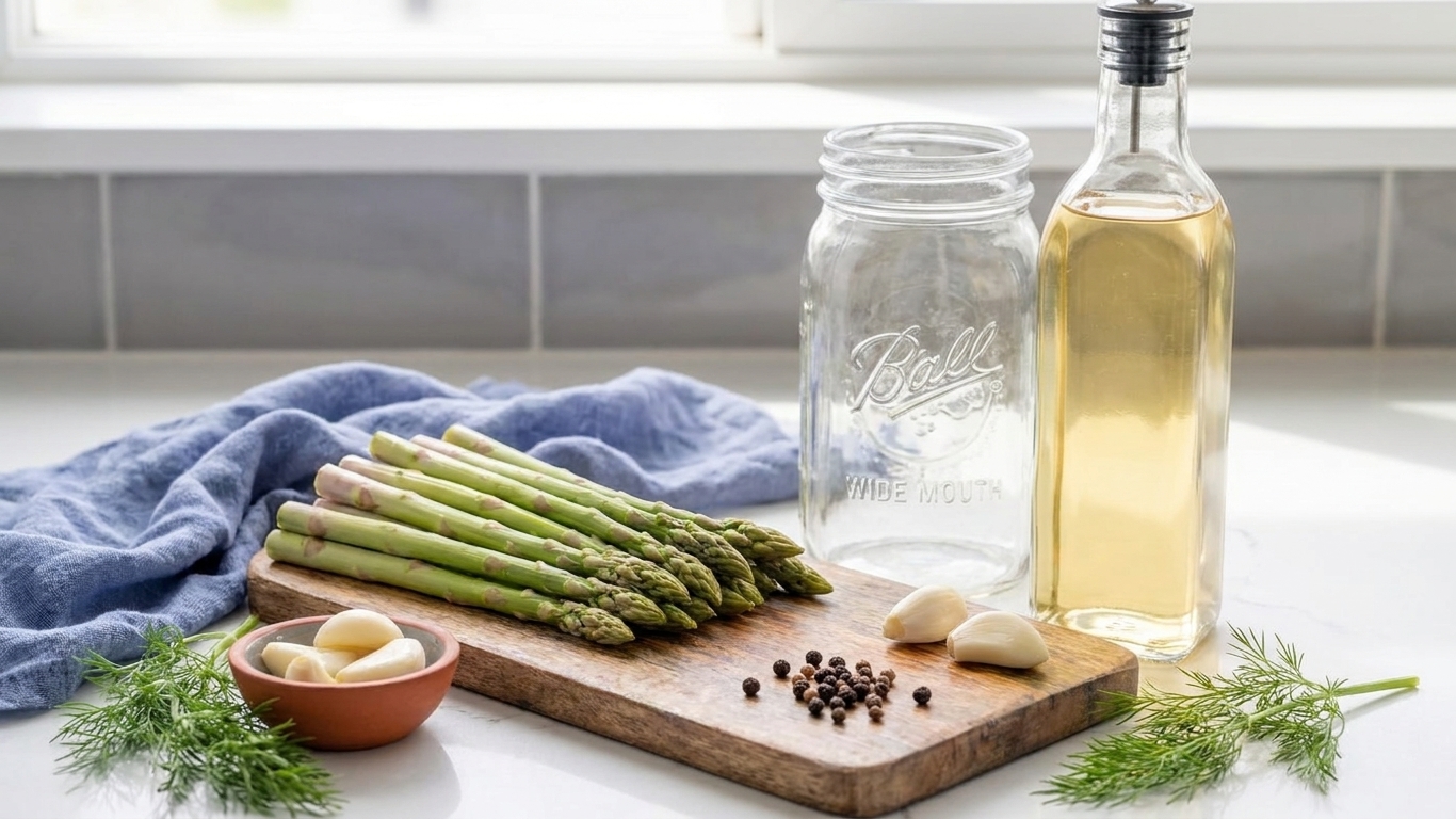 Fresh asparagus spears, peeled garlic cloves, dill sprigs, peppercorns, and a bottle of vinegar arranged on a bright kitchen counter