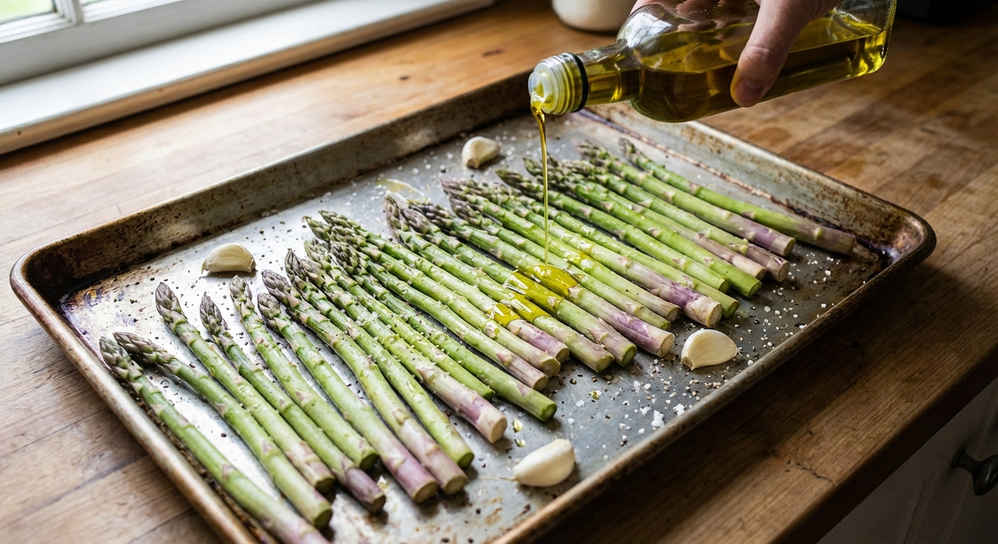 Fresh asparagus spears spread on a sheet pan being drizzled with olive oil