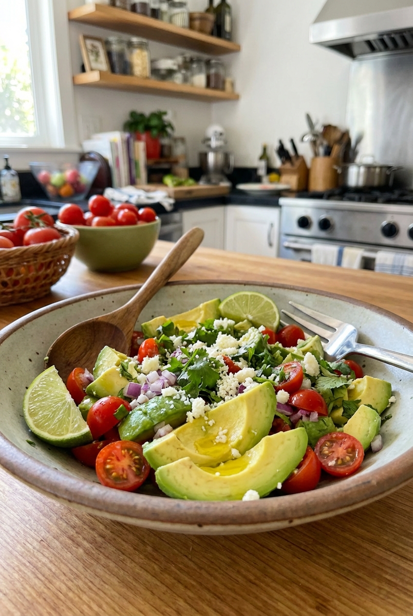 Fresh avocado salad with lime and cilantro in a serving bowl