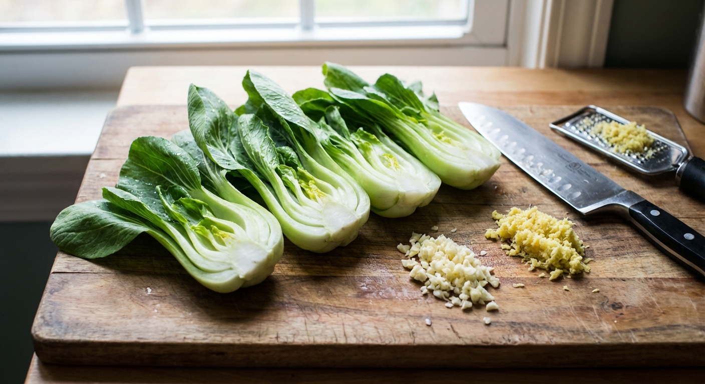 Fresh baby bok choy halved lengthwise on a cutting board with minced garlic and grated ginger nearby