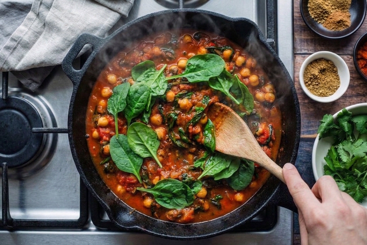 Fresh baby spinach being folded into a bubbling tomato chickpea mixture in a skillet, steam rising
