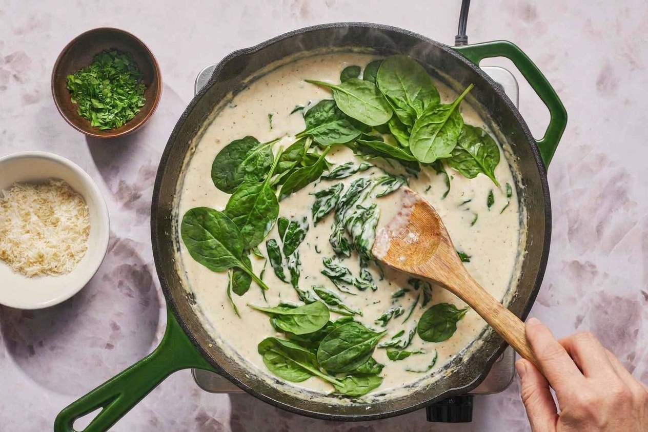 Fresh baby spinach being stirred into a creamy sauce in a skillet as it begins to wilt