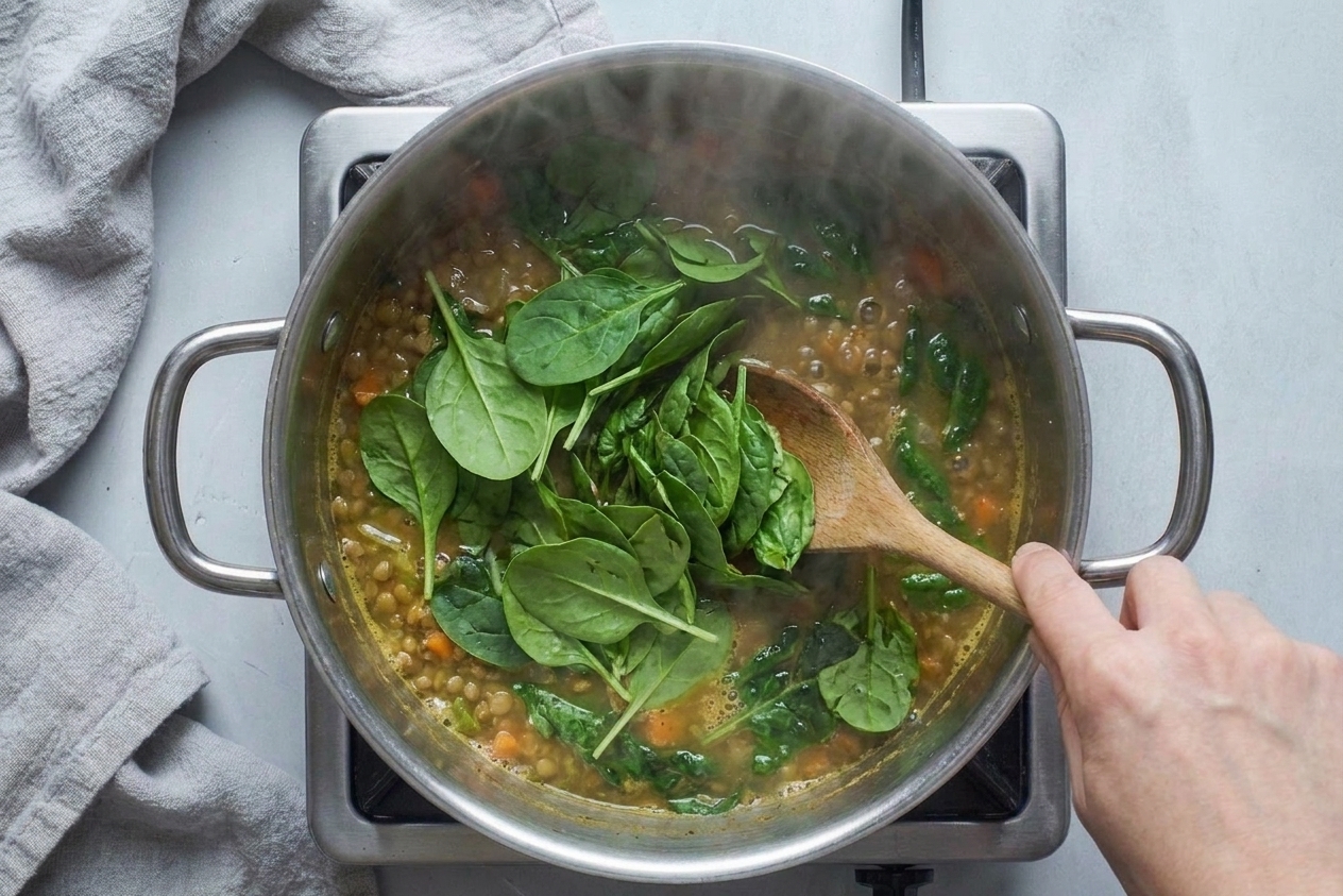 Fresh baby spinach being stirred into hot lentil soup in a pot as it begins to wilt