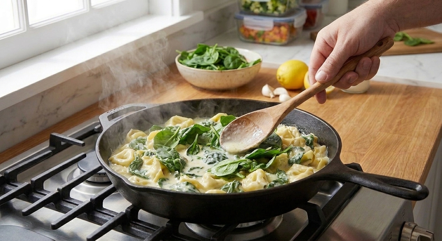 Fresh baby spinach being stirred into steaming tortellini and broth as it begins to wilt
