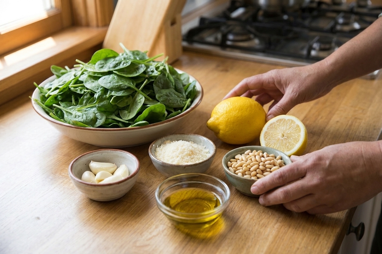 Fresh baby spinach, peeled garlic cloves, grated Parmesan, pine nuts, a lemon, and a small bowl of olive oil arranged on a kitchen counter