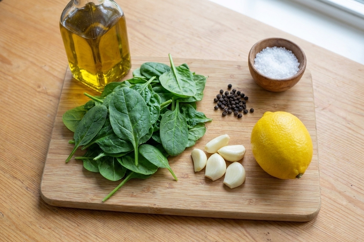 Fresh baby spinach, peeled garlic cloves, lemon, salt, pepper, and olive oil arranged on a light kitchen counter