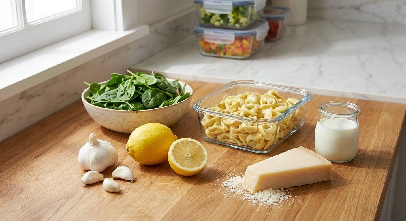 Fresh baby spinach, refrigerated cheese tortellini, garlic, lemon, Parmesan, and cream arranged on a tidy kitchen counter