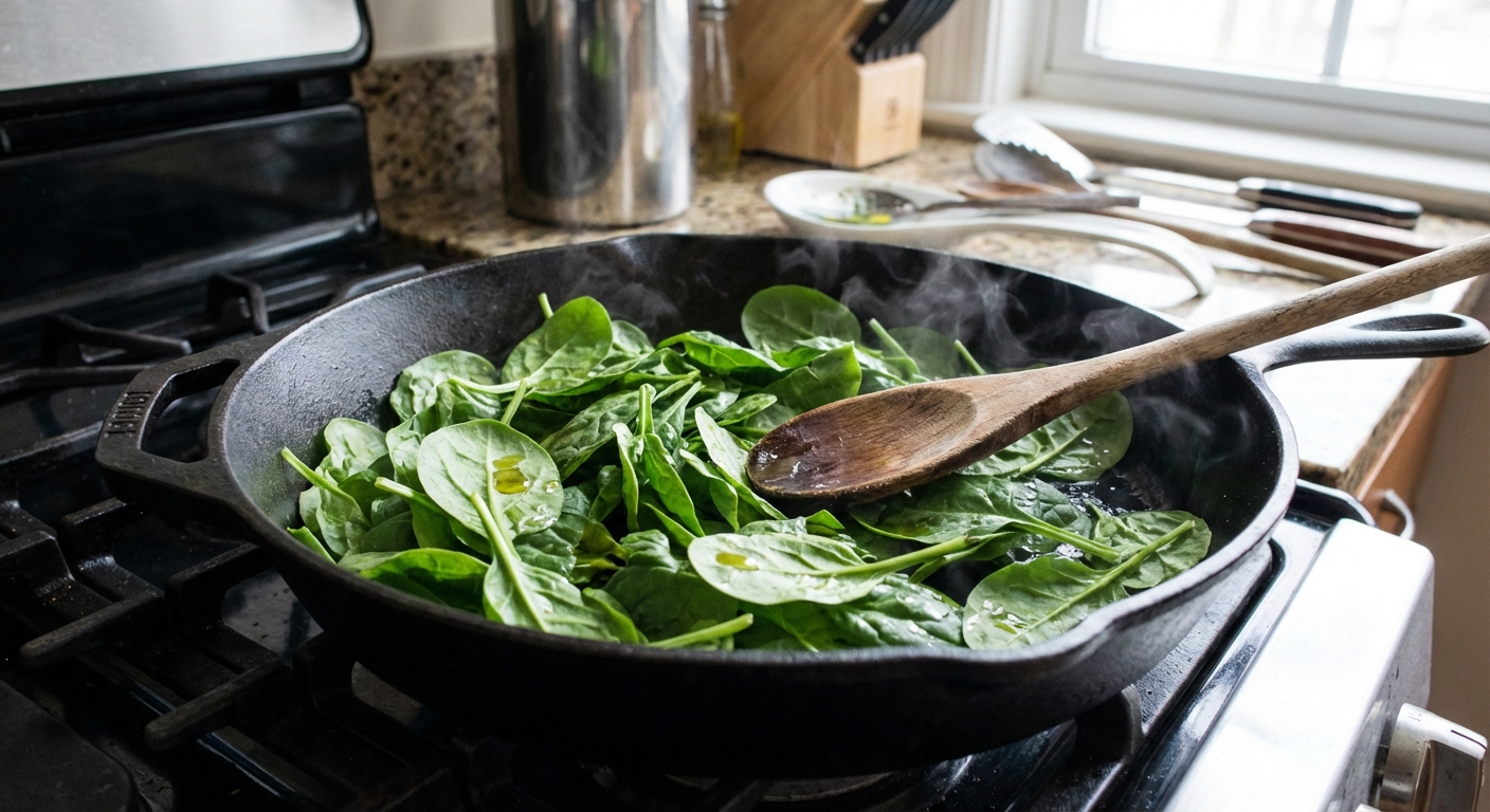 Fresh baby spinach wilting in a hot skillet with a wooden spoon stirring