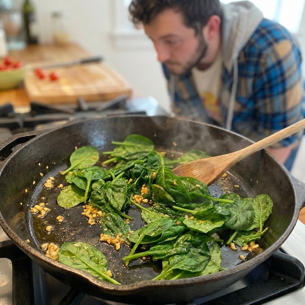 Fresh baby spinach wilting in a skillet with minced garlic and olive oil