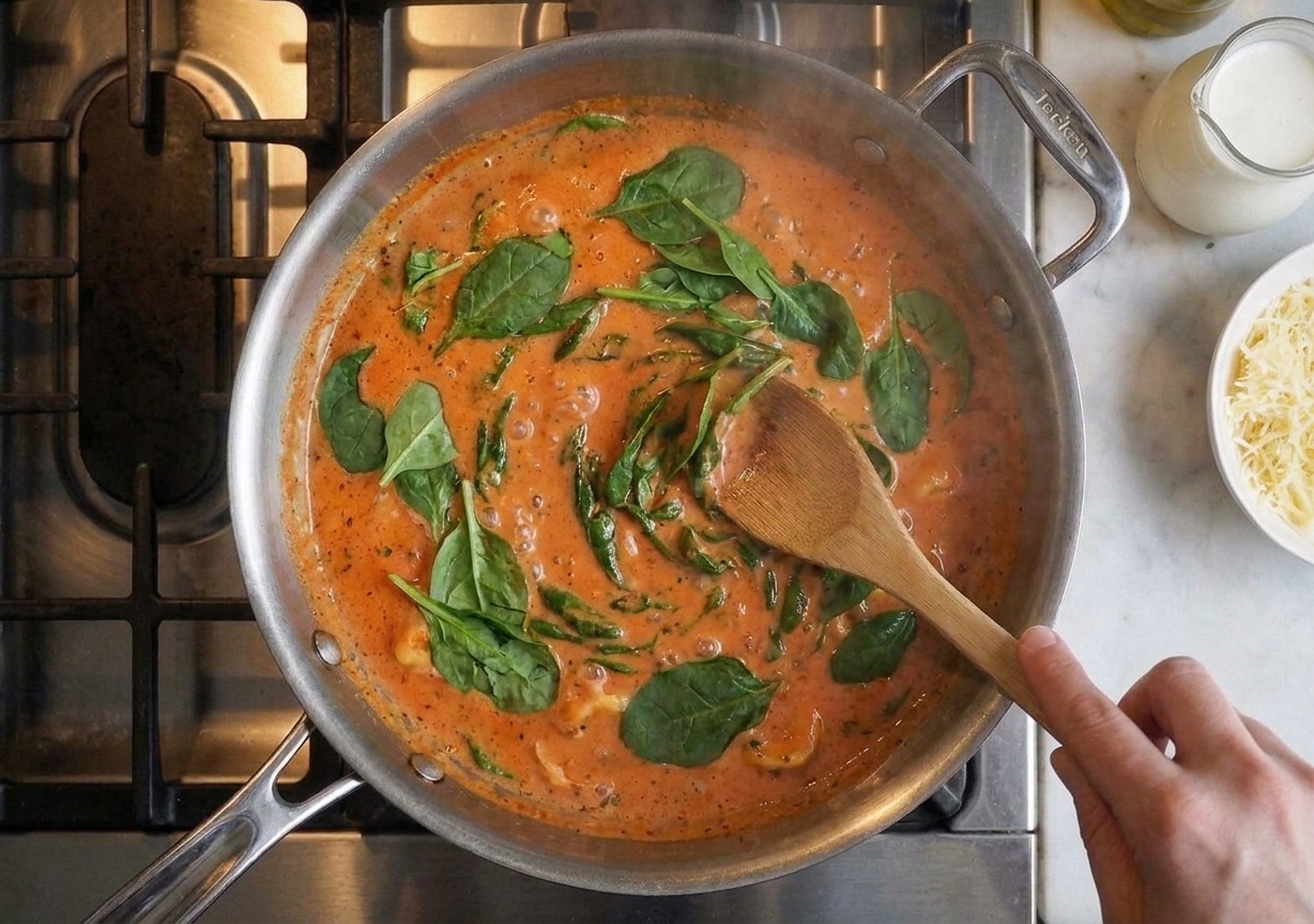 Fresh baby spinach wilting into a rosy tomato cream sauce in a wide skillet