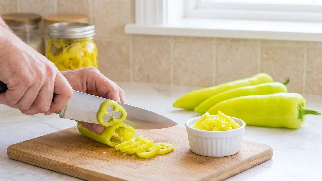 Fresh banana peppers being sliced into rings on a wooden cutting board with a chef's knife and a small bowl nearby