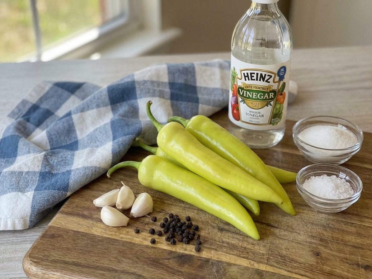 Fresh banana peppers, garlic cloves, peppercorns, vinegar, salt, and sugar arranged on a clean kitchen counter ready for pickling