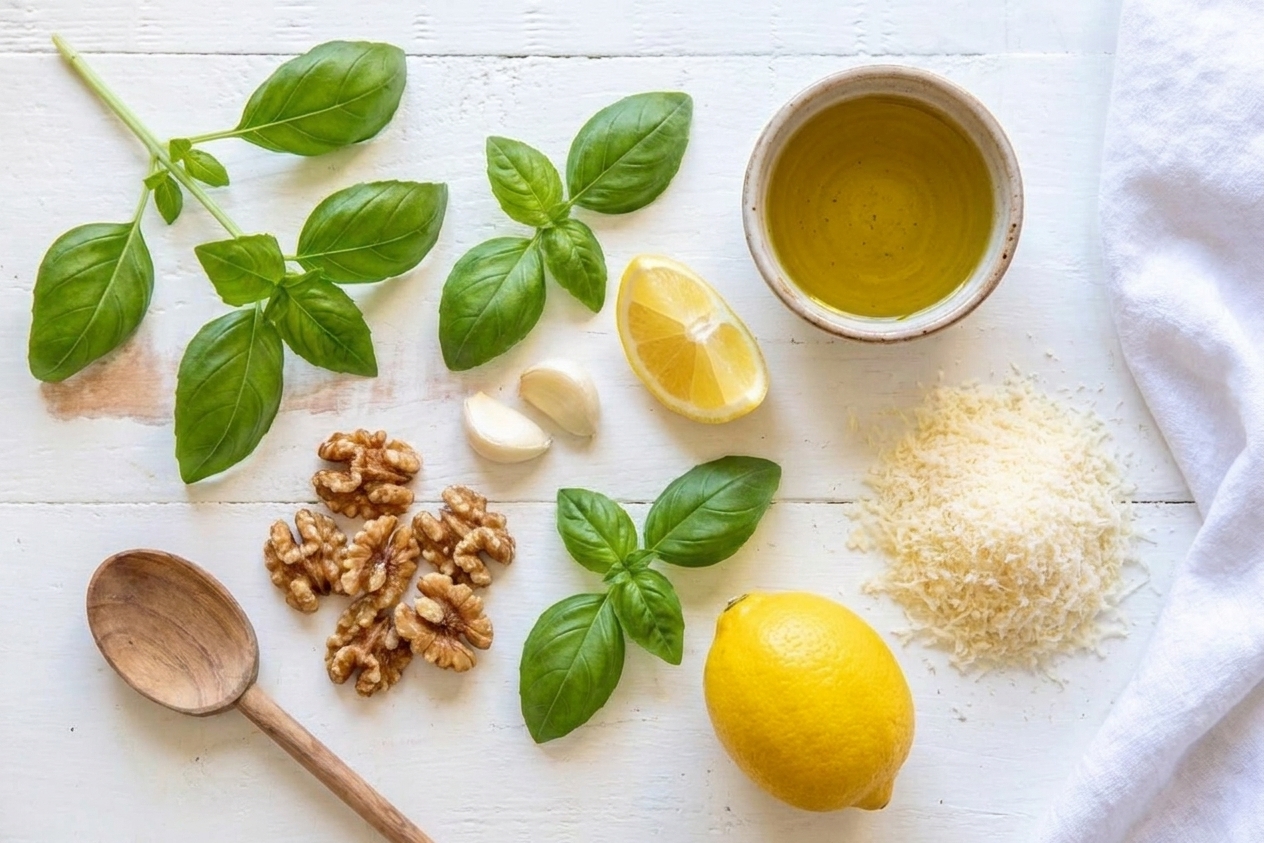 Fresh basil, garlic cloves, grated Parmesan, lemon, olive oil, and walnuts arranged on a light kitchen counter