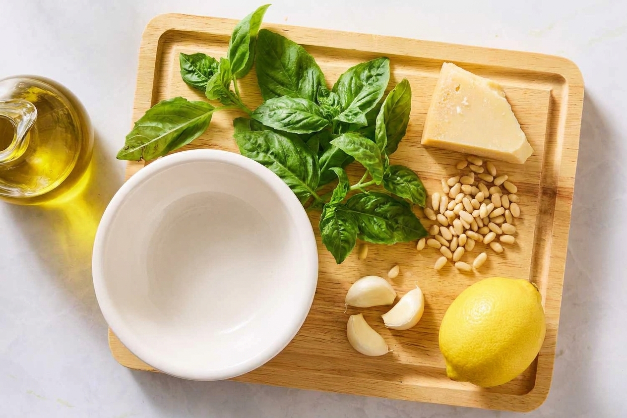 Fresh basil leaves, a wedge of Parmesan, pine nuts, garlic cloves, and a lemon on a counter