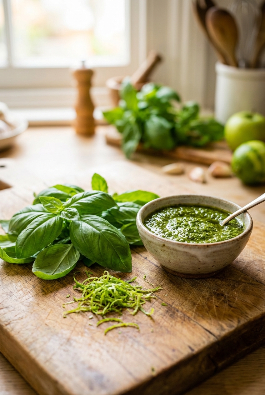 Fresh basil leaves and lime zest on a cutting board next to a small bowl of green pesto