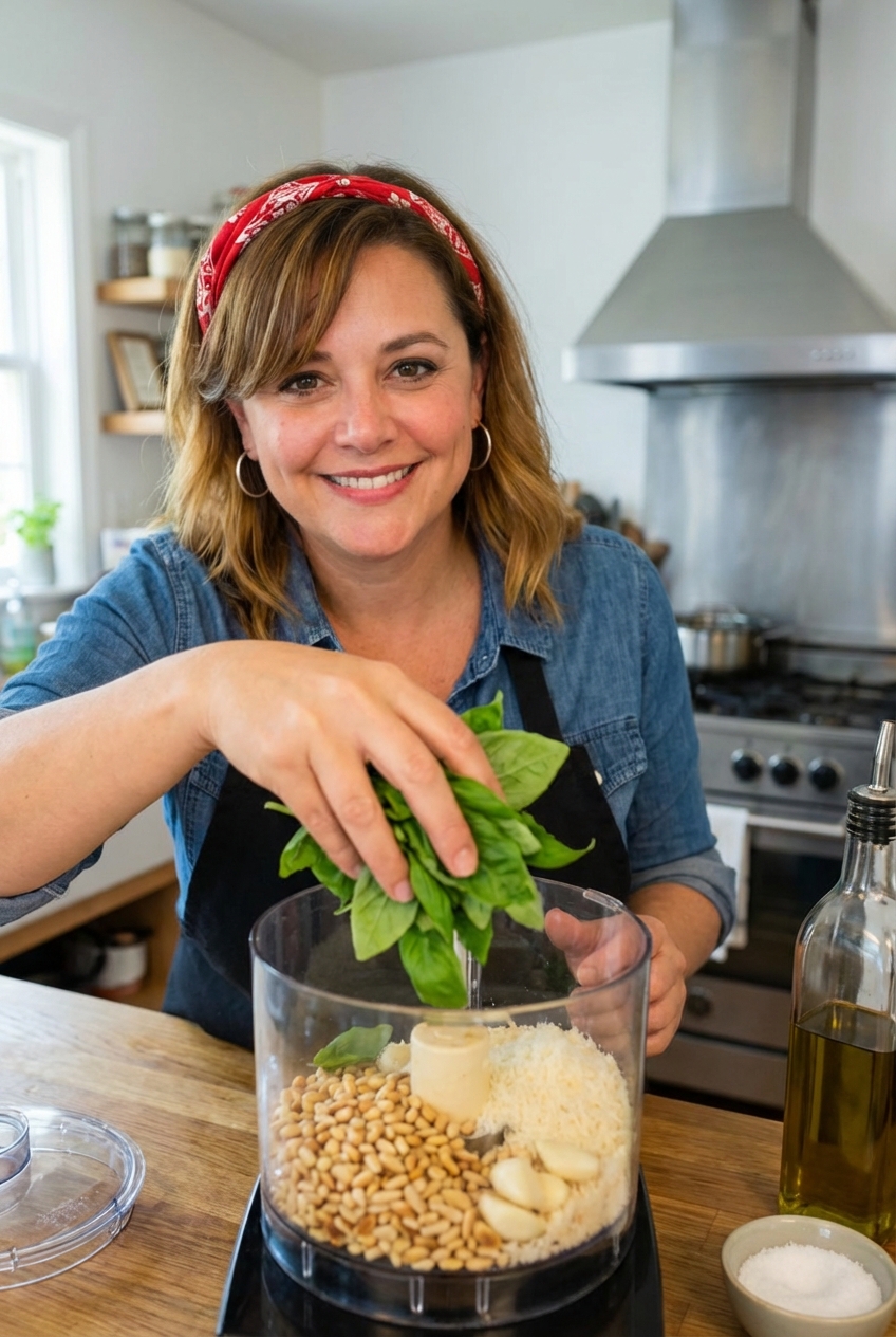 Fresh basil leaves being added into a food processor bowl with toasted pine nuts, grated Parmesan, and garlic on a kitchen counter