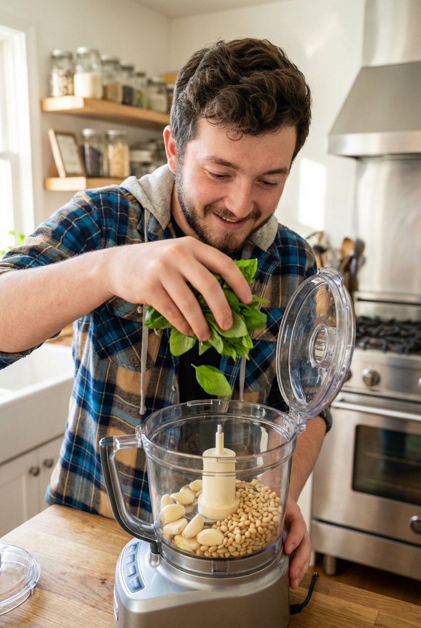 Fresh basil leaves being added to a food processor with garlic and pine nuts
