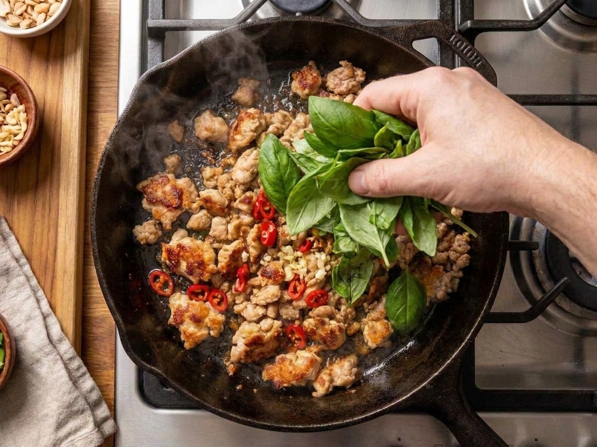 Fresh basil leaves being folded into a hot skillet of spicy stir-fry just off the heat, with steam rising
